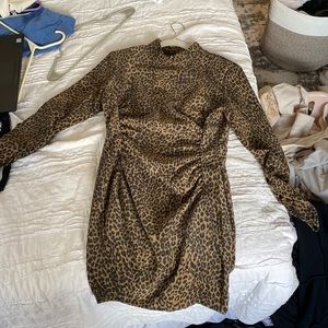 Cheetah bodycon long sleeve mini dress, side rouching